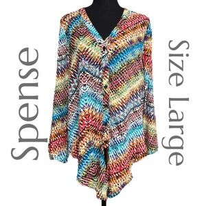 Spense - Multicolor Abstract Print Blouse - Button Front Tie Hem - Size Large